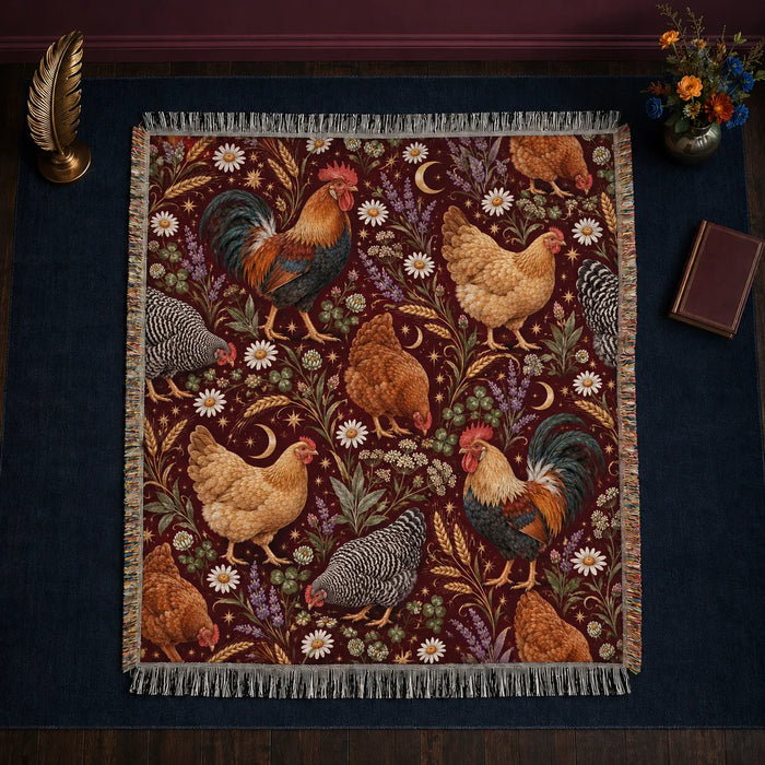 Burgundy Night Chicken woven throw blanket — roosters and hens with daisies, lavender, gold moons and stars on burgundy