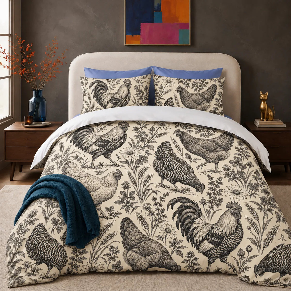 Charcoal Engraving Chicken comforter set — charcoal engraved roosters and hens among wildflowers and wheat on cream