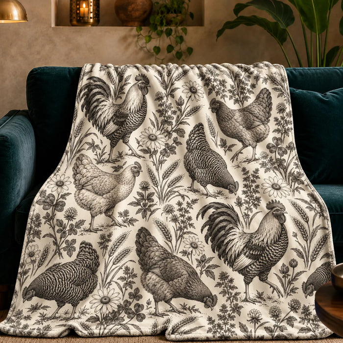 Charcoal Engraving Chicken fleece throw blanket — charcoal engraved roosters and hens among wildflowers and wheat on cream