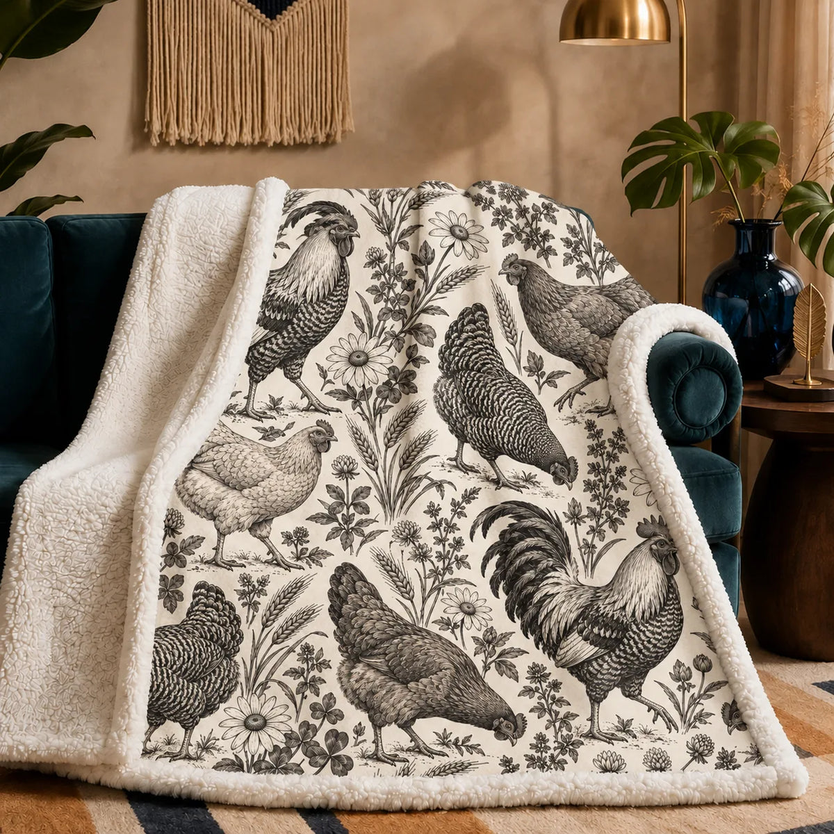 Charcoal Engraving Chicken sherpa blanket — charcoal engraved roosters and hens among wildflowers and wheat on cream