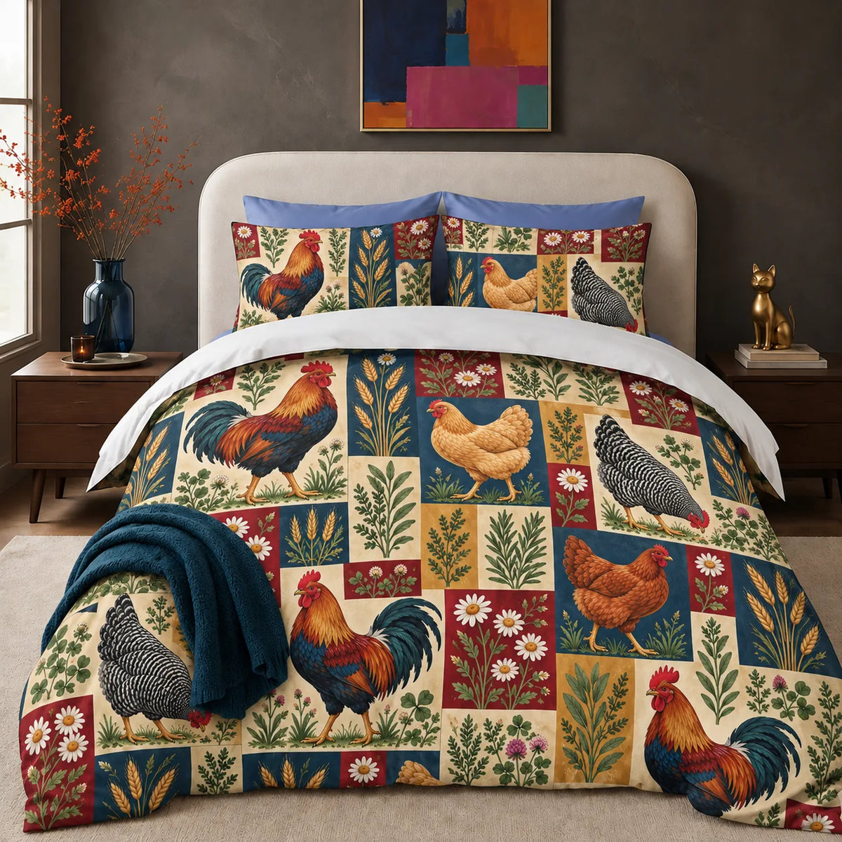 Heirloom Patchwork Chicken comforter set — patchwork blocks of roosters, hens, daisies and wheat in navy, red, mustard and cream