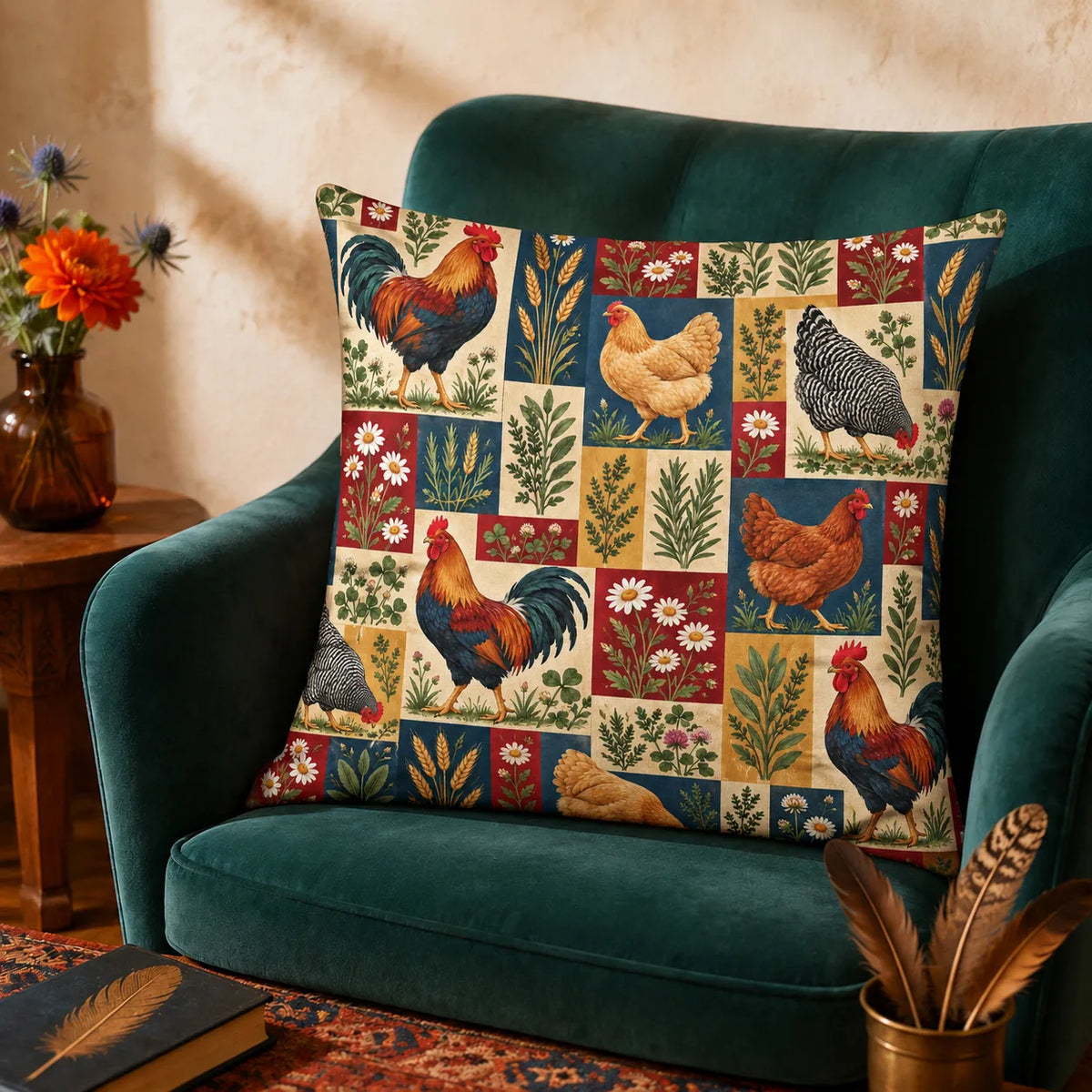 Heirloom Patchwork Chicken cushion cover set — patchwork blocks of roosters, hens, daisies and wheat in navy, red, mustard and cream