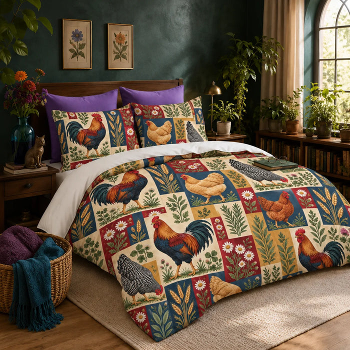 Heirloom Patchwork Chicken duvet cover set — patchwork blocks of roosters, hens, daisies and wheat in navy, red, mustard and cream