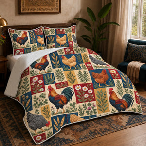 Heirloom Patchwork Chicken quilt set — patchwork blocks of roosters, hens, daisies and wheat in navy, red, mustard and cream