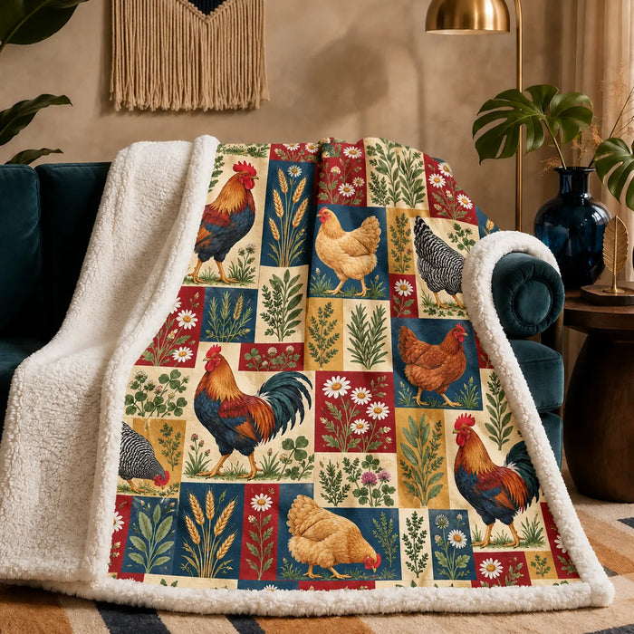 Heirloom Patchwork Chicken sherpa blanket — patchwork blocks of roosters, hens, daisies and wheat in navy, red, mustard and cream