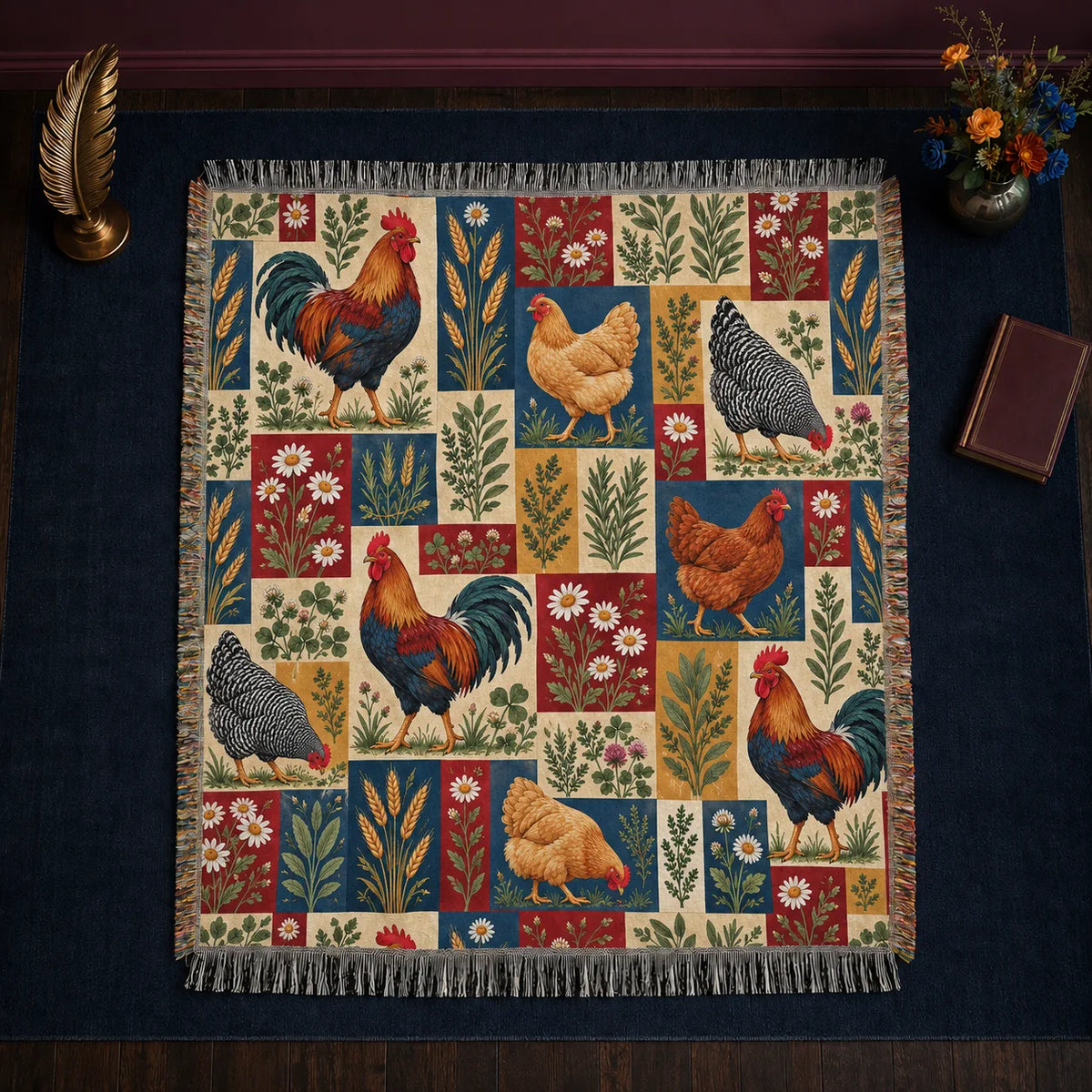 Heirloom Patchwork Chicken woven throw blanket — patchwork blocks of roosters, hens, daisies and wheat in navy, red, mustard and cream