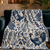Indigo Block Print Chicken Fleece Throw Blanket