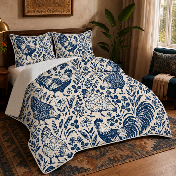 Indigo Block Print Chicken quilt set — navy roosters and hens with daisies, clover and wheat on cream