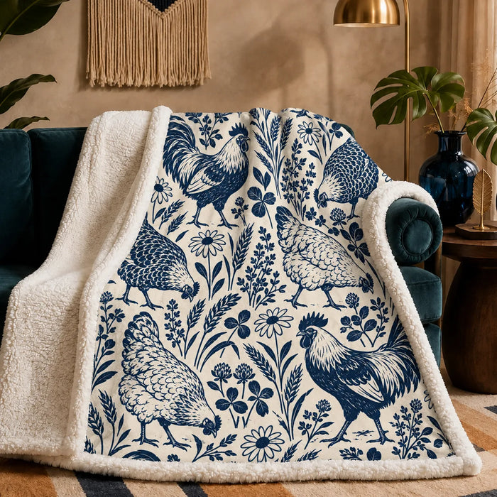 Indigo Block Print Chicken sherpa blanket — navy roosters and hens with daisies, clover and wheat on cream