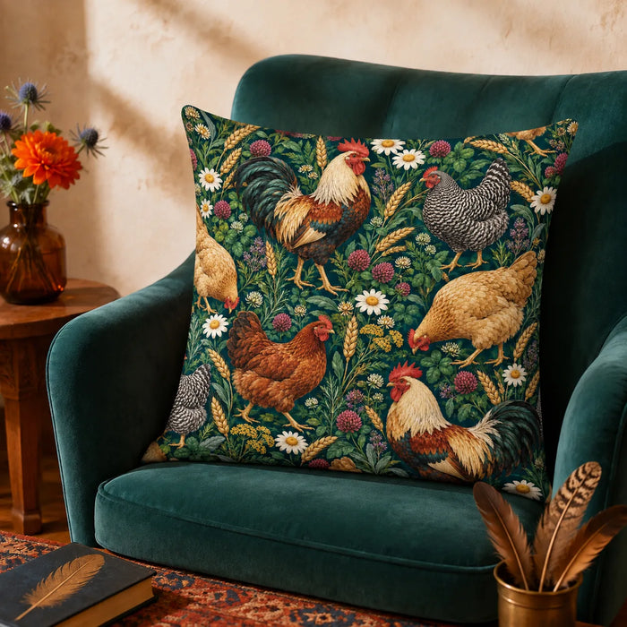 Jewel Botanical Chicken cushion cover set — roosters and hens among daisies, magenta clover and wheat on deep emerald green