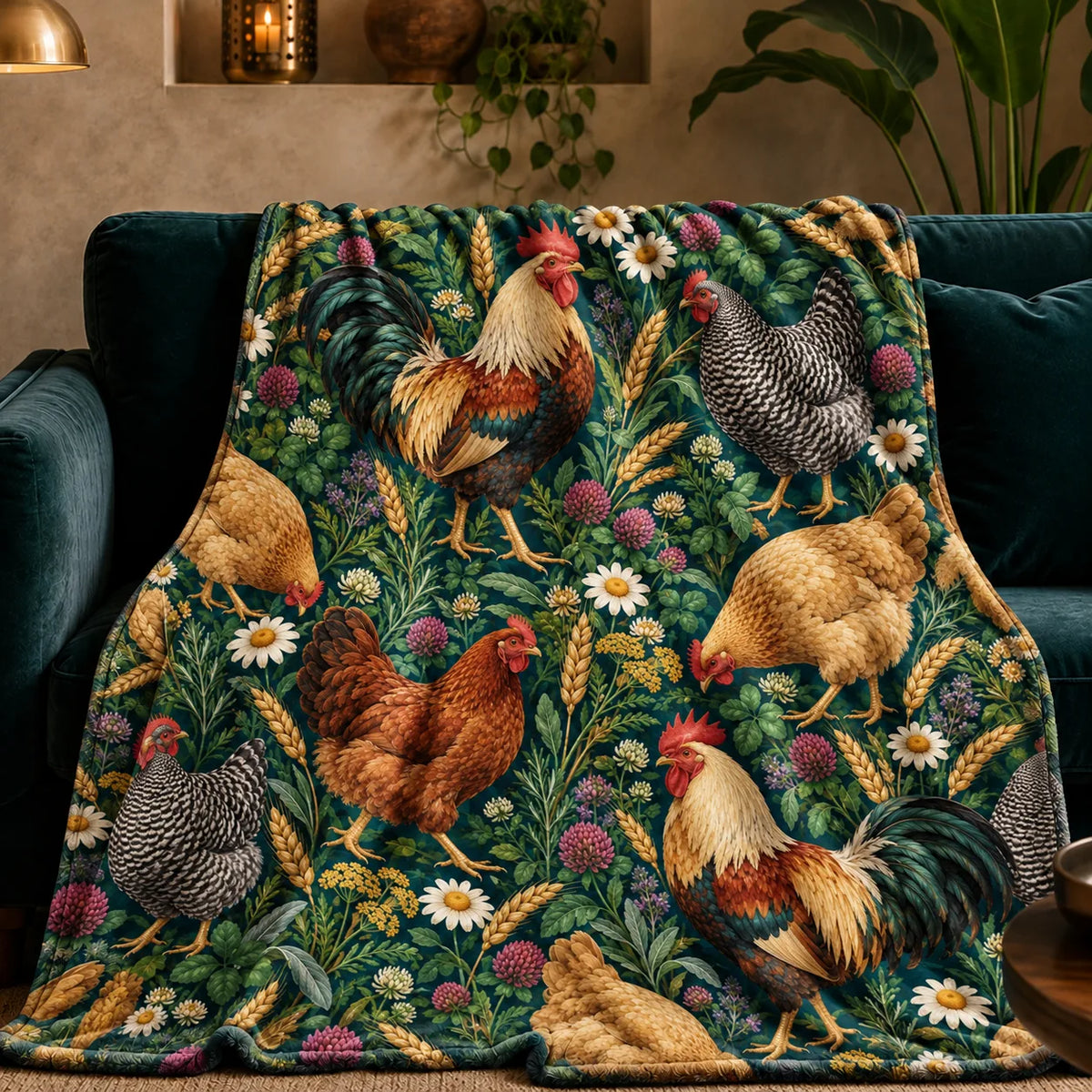 Jewel Botanical Chicken fleece throw blanket — roosters and hens among daisies, magenta clover and wheat on deep emerald green