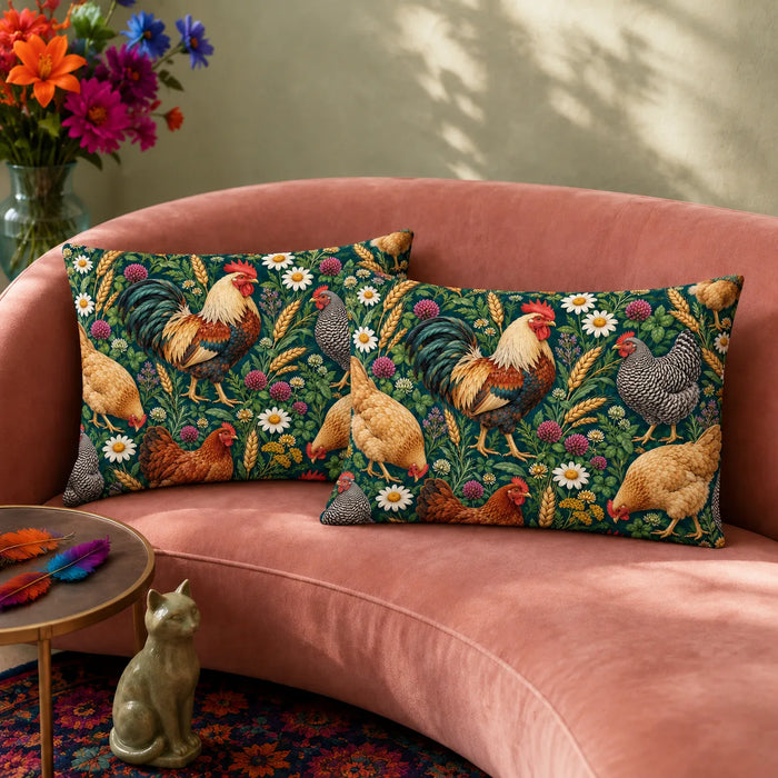 Jewel Botanical Chicken pillowcase set — roosters and hens among daisies, magenta clover and wheat on deep emerald green