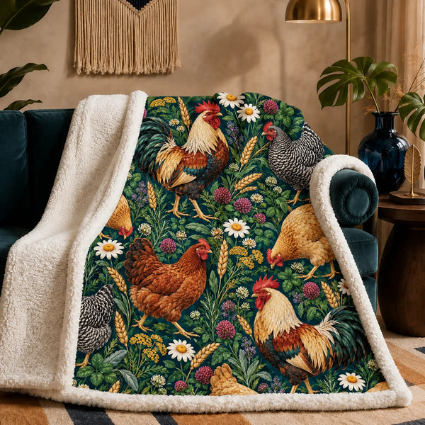 Jewel Botanical Chicken sherpa blanket — roosters and hens among daisies, magenta clover and wheat on deep emerald green