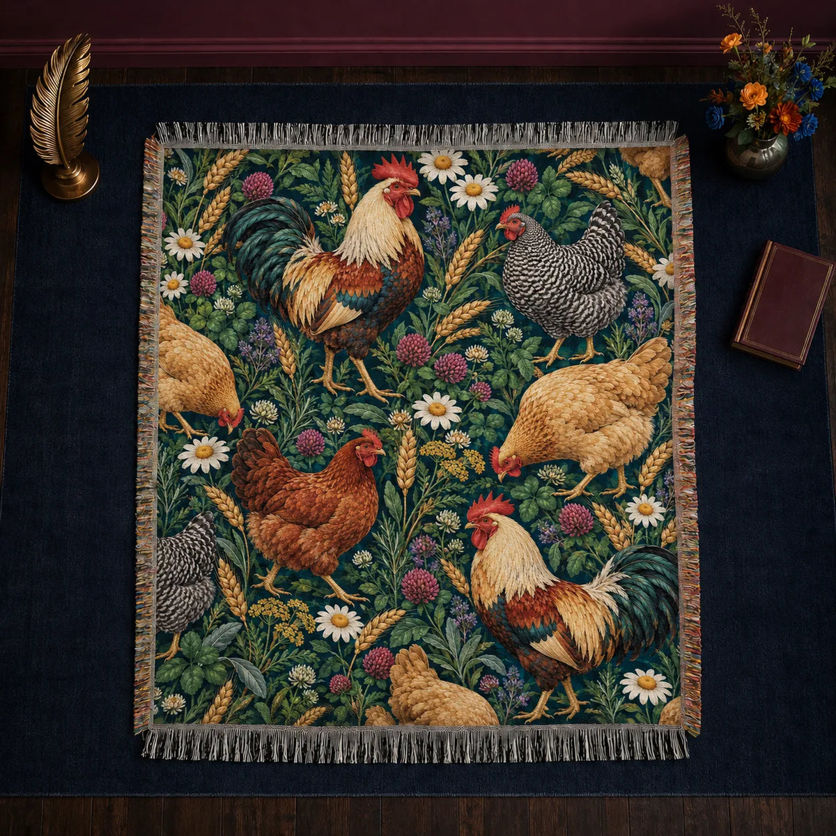 Jewel Botanical Chicken woven throw blanket — roosters and hens among daisies, magenta clover and wheat on deep emerald green