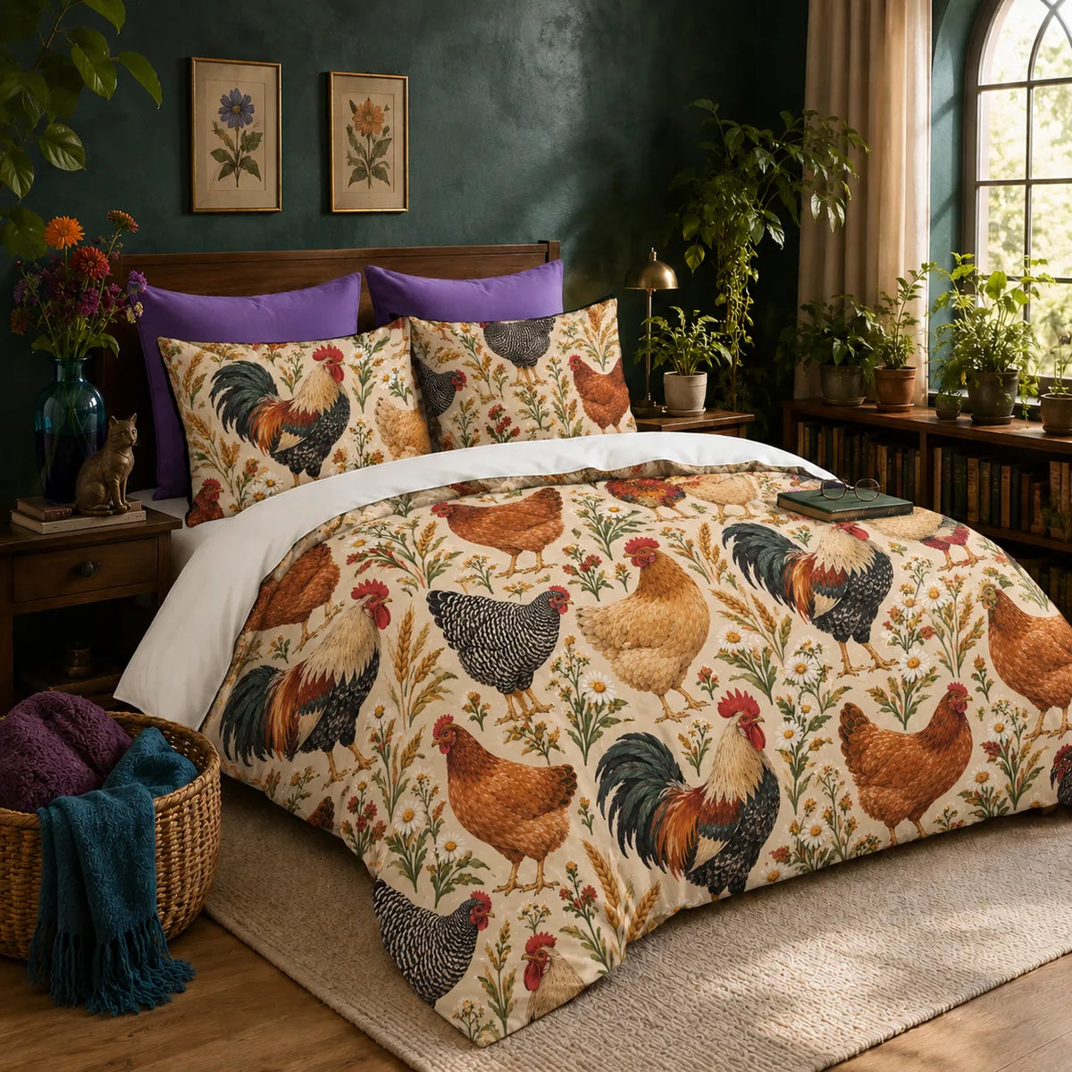Farmhouse Morning Chicken duvet cover set — roosters and hens among wheat, daisies and red wildflowers on cream