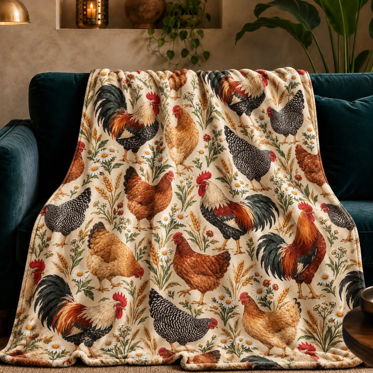 Farmhouse Morning Chicken fleece throw blanket — roosters and hens among wheat, daisies and red wildflowers on cream