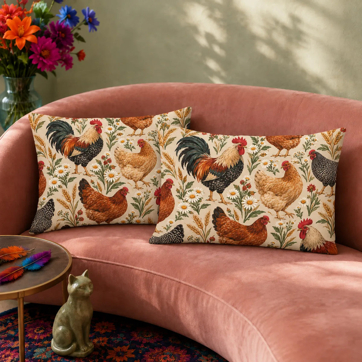 Farmhouse Morning Chicken pillowcase set — roosters and hens among wheat, daisies and red wildflowers on cream