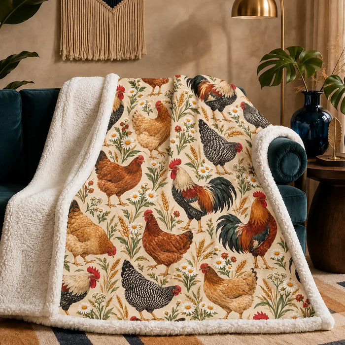 Farmhouse Morning Chicken sherpa blanket — roosters and hens among wheat, daisies and red wildflowers on cream