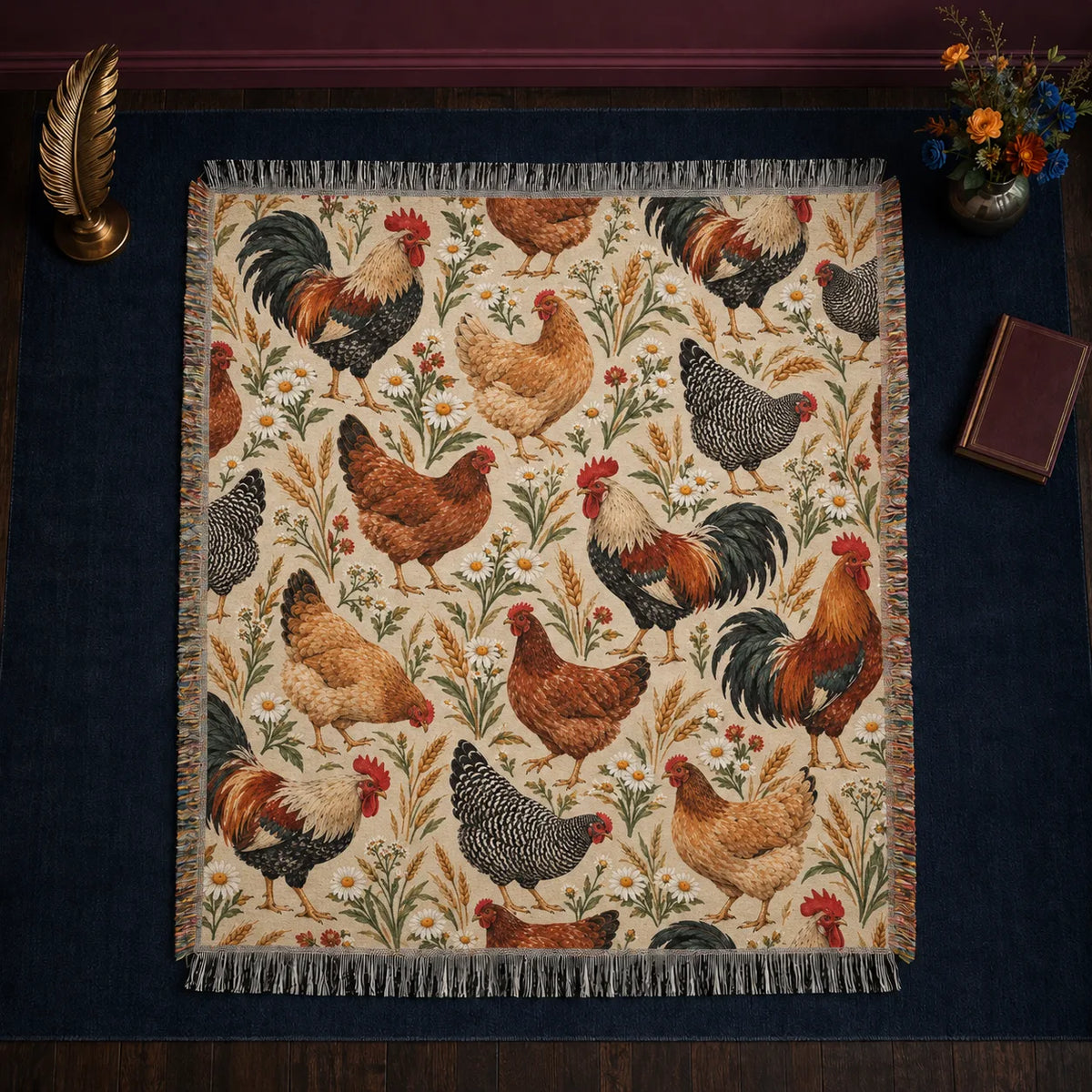Farmhouse Morning Chicken woven throw blanket — roosters and hens among wheat, daisies and red wildflowers on cream