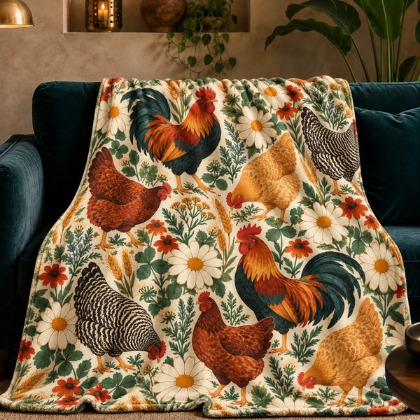 Retro Floral Chicken fleece throw blanket — roosters and hens with big white daisies and orange blooms on cream