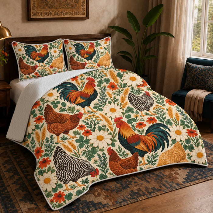Retro Floral Chicken quilt set — roosters and hens with big white daisies and orange blooms on cream