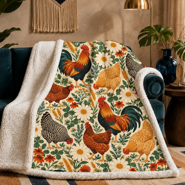 Retro Floral Chicken sherpa blanket — roosters and hens with big white daisies and orange blooms on cream