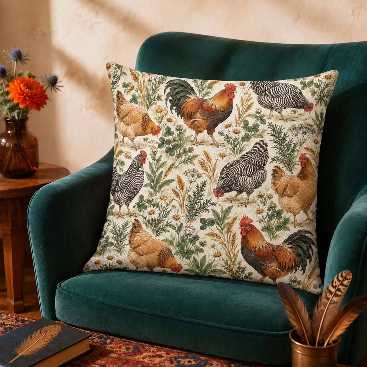 Sage Ink Wash Chicken cushion cover set — watercolor roosters and hens among sage herbs, daisies and wheat on cream