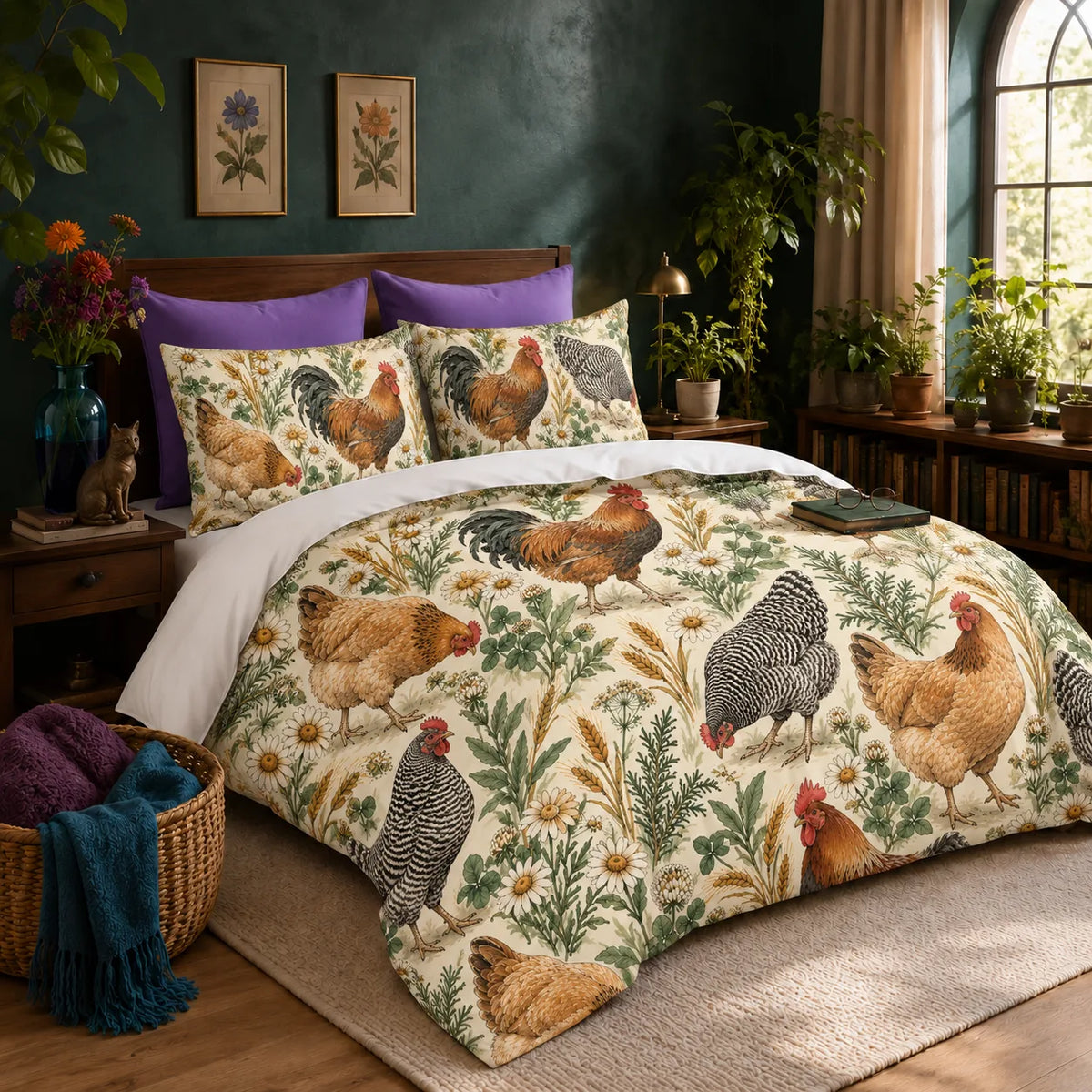 Sage Ink Wash Chicken duvet cover set — watercolor roosters and hens among sage herbs, daisies and wheat on cream
