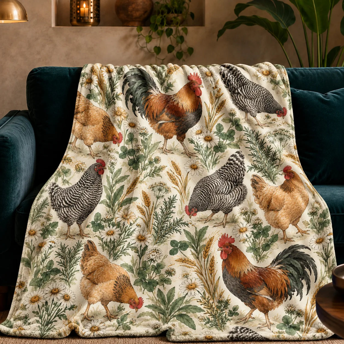 Sage Ink Wash Chicken fleece throw blanket — watercolor roosters and hens among sage herbs, daisies and wheat on cream