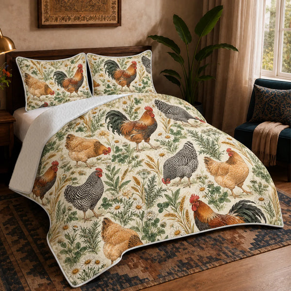 Sage Ink Wash Chicken quilt set — watercolor roosters and hens among sage herbs, daisies and wheat on cream