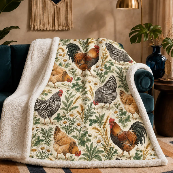 Sage Ink Wash Chicken sherpa blanket — watercolor roosters and hens among sage herbs, daisies and wheat on cream