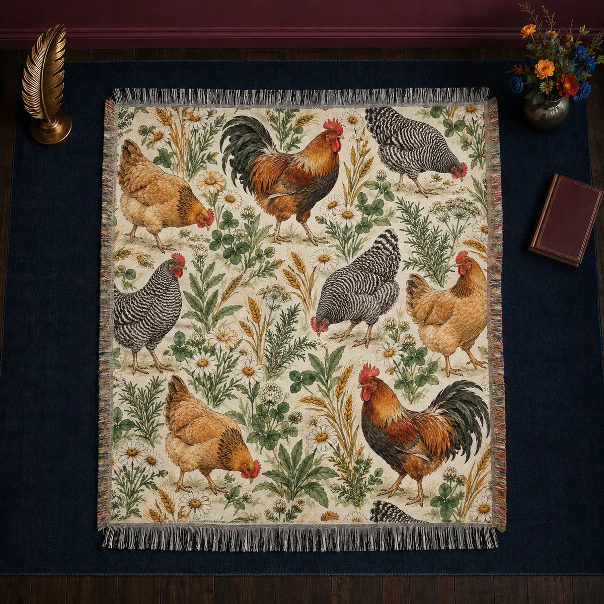 Sage Ink Wash Chicken woven throw blanket — watercolor roosters and hens among sage herbs, daisies and wheat on cream