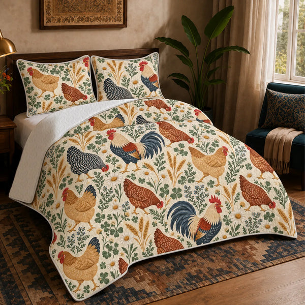 Scandinavian Folk Chicken quilt set — folk-style roosters and hens with daisies, clover and wheat on cream