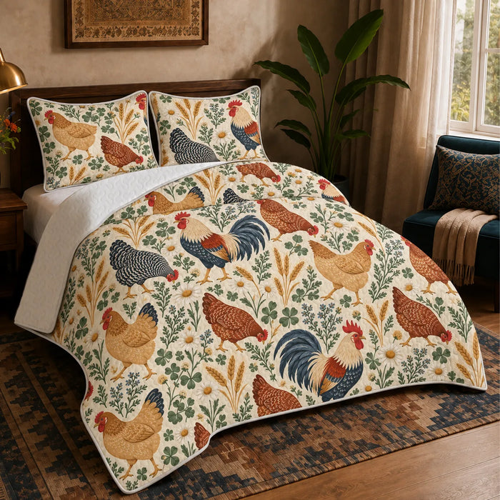 Scandinavian Folk Chicken quilt set — folk-style roosters and hens with daisies, clover and wheat on cream