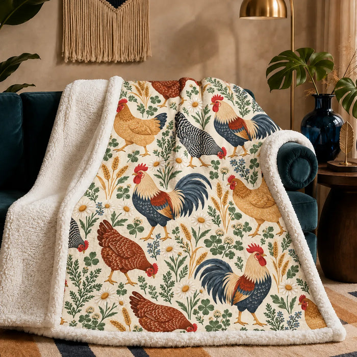Scandinavian Folk Chicken sherpa blanket — folk-style roosters and hens with daisies, clover and wheat on cream