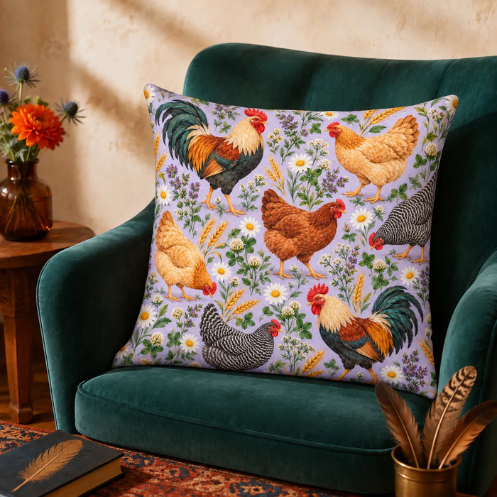 Spring Lilac Chicken cushion cover set — roosters and hens with daisies, purple herbs and wheat on lilac