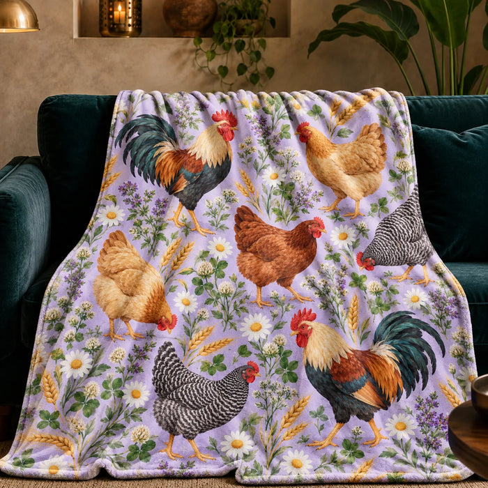 Spring Lilac Chicken fleece throw blanket — roosters and hens with daisies, purple herbs and wheat on lilac