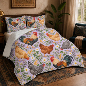 Spring Lilac Chicken quilt set — roosters and hens with daisies, purple herbs and wheat on lilac
