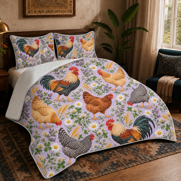 Spring Lilac Chicken quilt set — roosters and hens with daisies, purple herbs and wheat on lilac