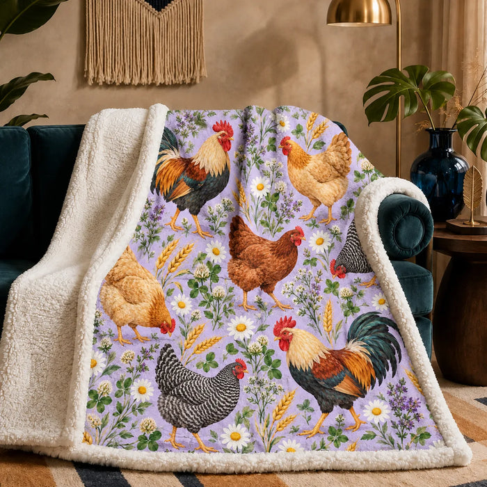 Spring Lilac Chicken sherpa blanket — roosters and hens with daisies, purple herbs and wheat on lilac