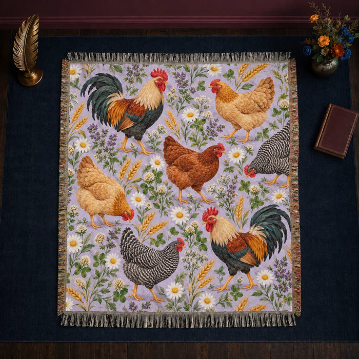 Spring Lilac Chicken woven throw blanket — roosters and hens with daisies, purple herbs and wheat on lilac