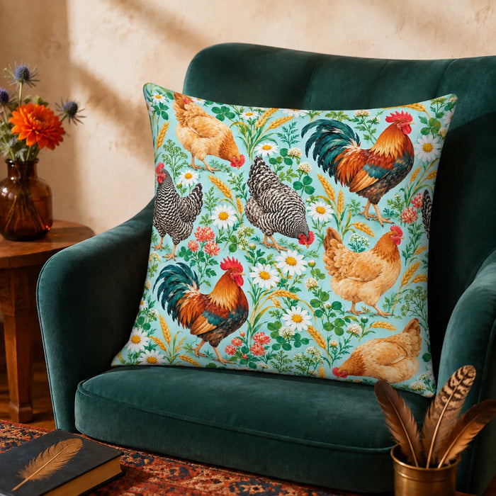 Summer Aqua Chicken cushion cover set — roosters and hens with daisies, coral clover and wheat on bright aqua