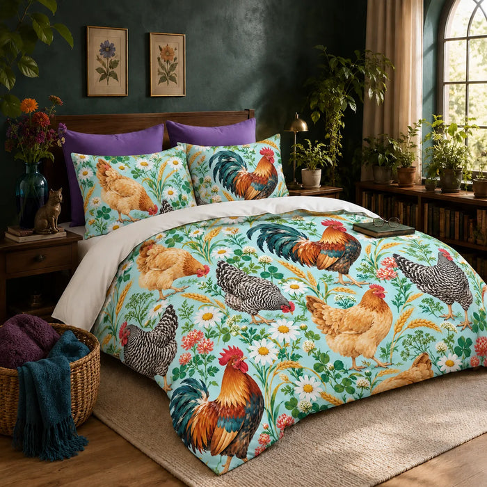 Summer Aqua Chicken duvet cover set — roosters and hens with daisies, coral clover and wheat on bright aqua
