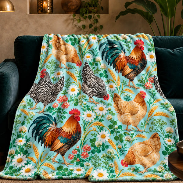Summer Aqua Chicken fleece throw blanket — roosters and hens with daisies, coral clover and wheat on bright aqua