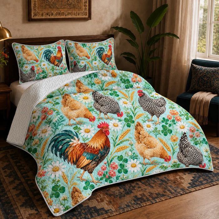 Summer Aqua Chicken quilt set — roosters and hens with daisies, coral clover and wheat on bright aqua