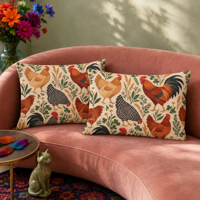 Terracotta Modern Chicken pillowcase set — terracotta, buff and barred chickens with green herbs and wheat on cream