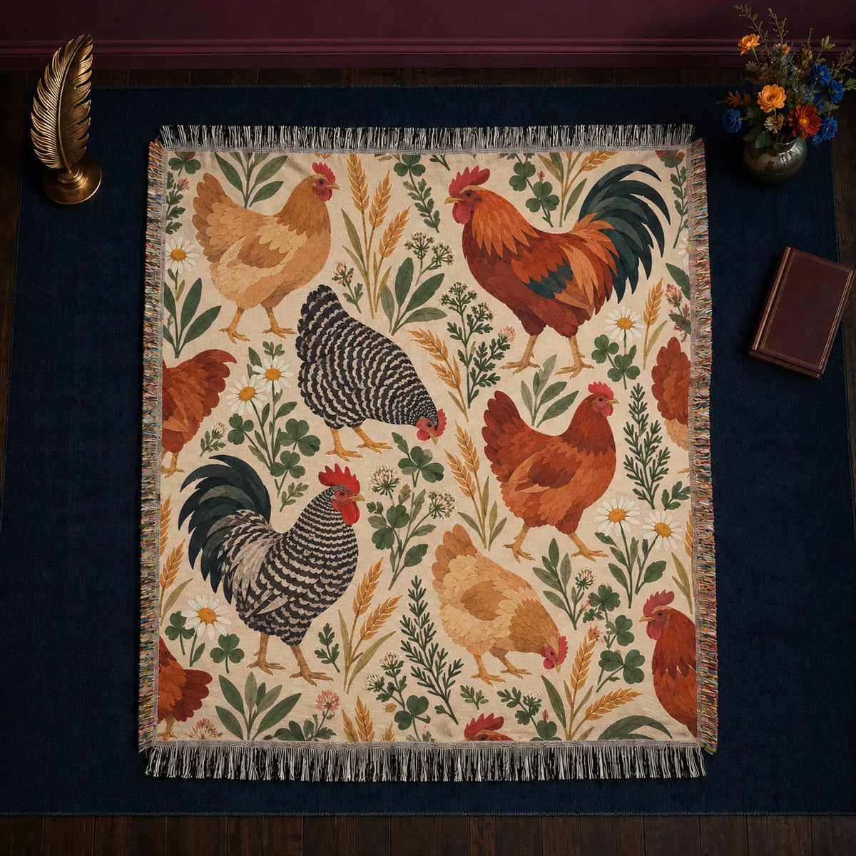 Terracotta Modern Chicken woven throw blanket — terracotta, buff and barred chickens with green herbs and wheat on cream