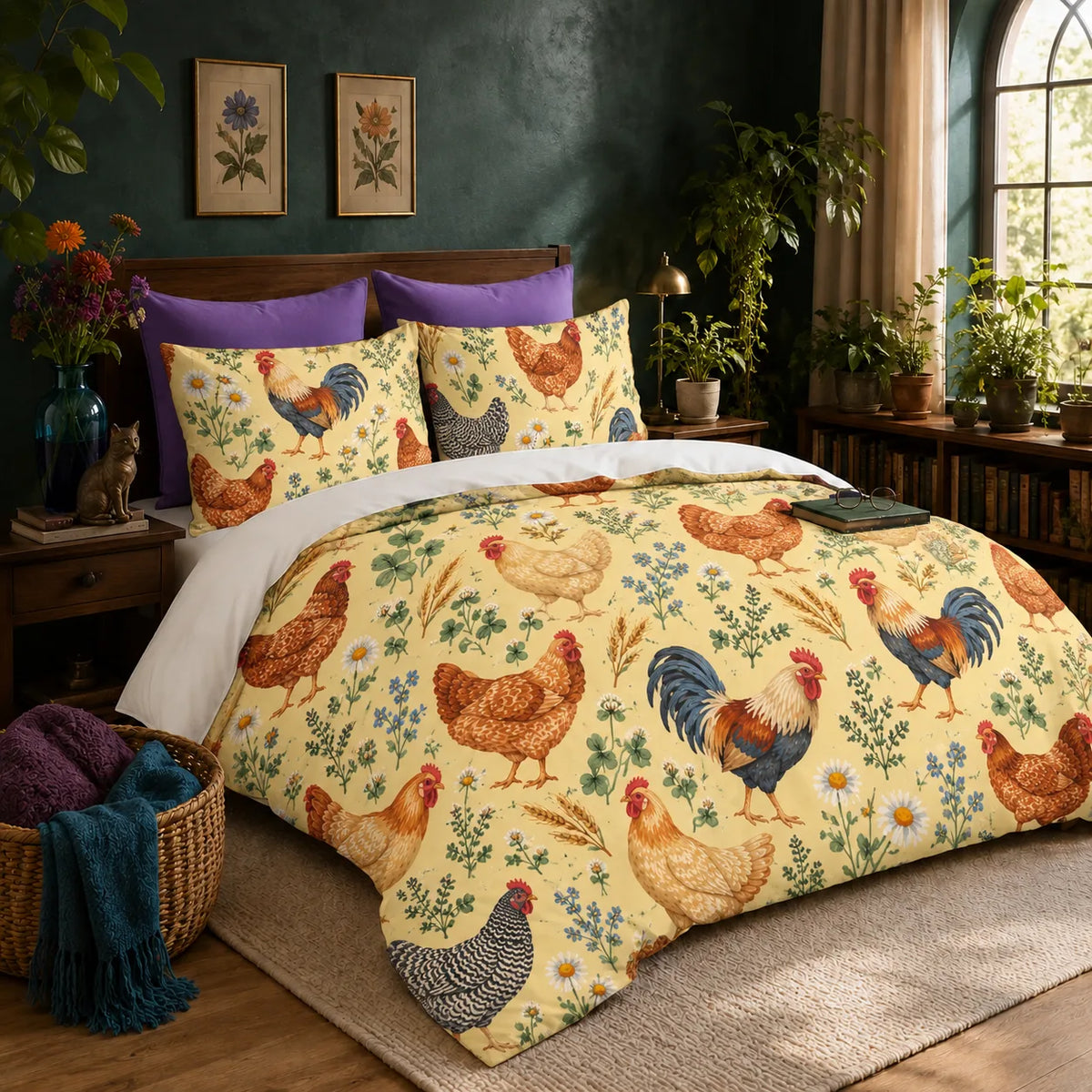 Tiny Ditsy Chicken duvet cover set — small roosters and hens with daisies and blue flowers on butter yellow