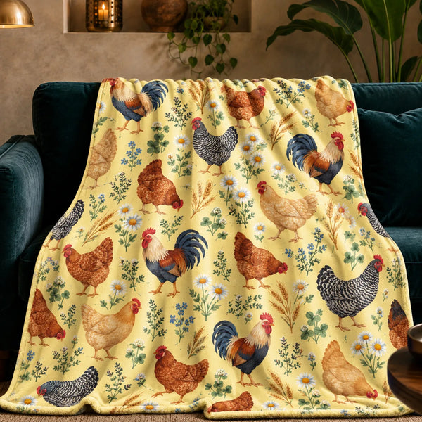 Tiny Ditsy Chicken fleece throw blanket — small roosters and hens with daisies and blue flowers on butter yellow