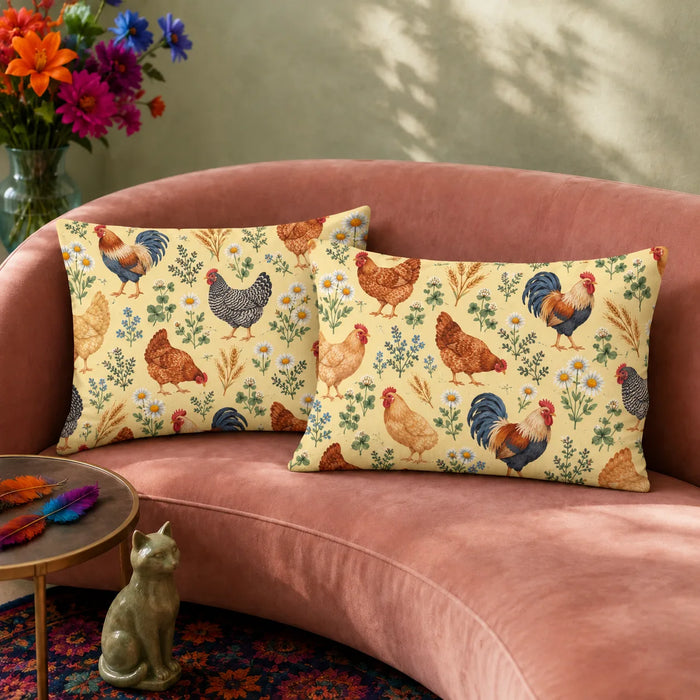 Tiny Ditsy Chicken pillowcase set — small roosters and hens with daisies and blue flowers on butter yellow